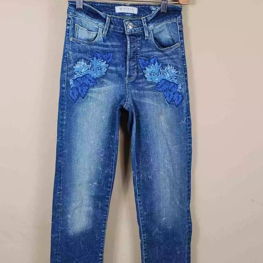 Guess Model Jeans Italian Selvedge Blue Floral Embroidered Bleach Spatter